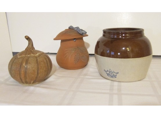 Bean Pot, Pottery Pumpkin Covered Bowl And Terracotta Birdhouse