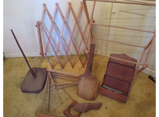 Vintage Wood Laundry & Drying Racks, Spoon Cabinet And Misc Wood