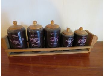 Vintage Glass Wall Condiment Set In Wood Holder