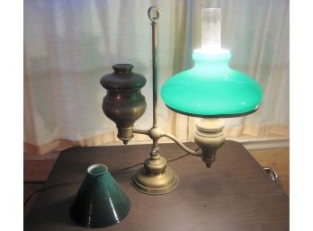 Vintage Green Glass Shade Student Lamp With Oil Tank