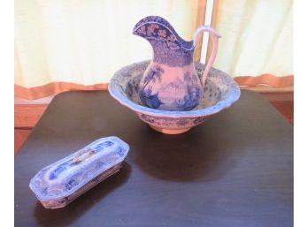 Blue Transferware  Washbowl Pitcher Bowl And Divided Covered Dish