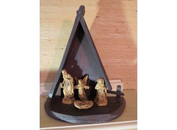Vintage Wood  Manger With Holy Family Figures