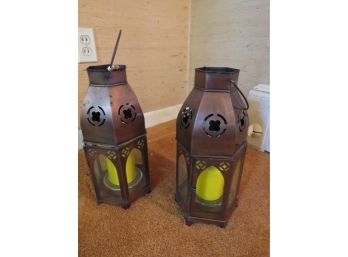 Pair Of Metal Cut Out Colonial Style Lanterns