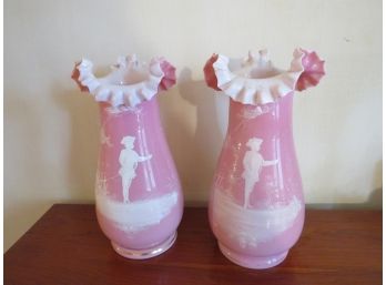 Vintage Victorian Pink Opaline Cased Glass Ruffled Vases