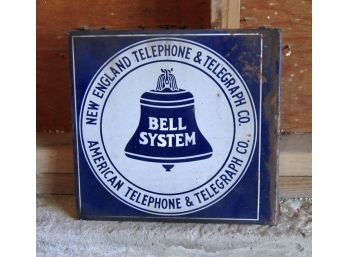 Antique Enamel N.E. Bell System Telephone Flange 2 Sided Sign