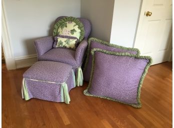 Child Size Chair With Ottoman Pillows And Queen Striped Bed Skirt
