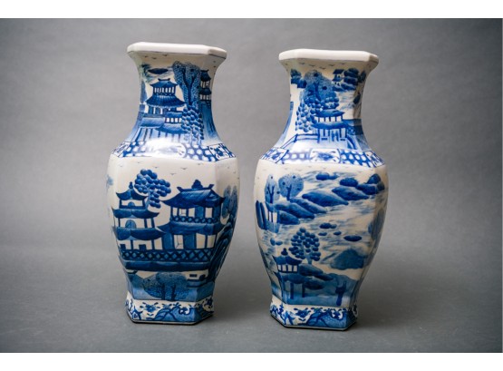 Pair Of Blue & White Asian Vases