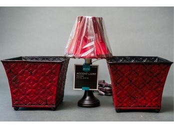 Two Red Planters & Petite Lamp