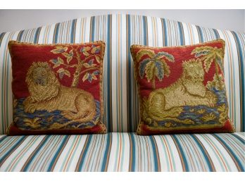 Two Needlepoint Lion Pillows