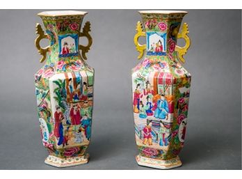 Two Asian Rose Mandarin Vases Vibrant Colors