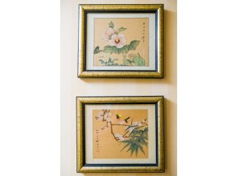 Two Framed Asian Bird & Floral Stamped Wall Art