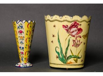 Handpainted Metal Vase & Wastebasket