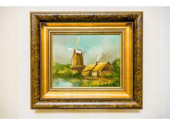 Framed Signed Oil Painting Of Watermill