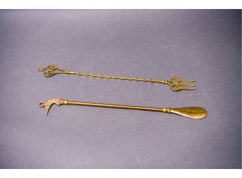 Antique Brass  Long Handled Shoe Horn & Fork