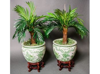 Two Small Silk Potted Palms In Asian Fish Bowl On Rosewood Stand