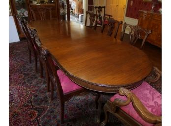 Double Pedestal Mahogany Dining Table With 10 Chippendale Style Chairs