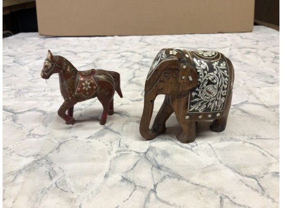 Circa 1940s 2 Indonesian Hand Carved And Painted Wooden Good Luck Figures - Elephant And Horse