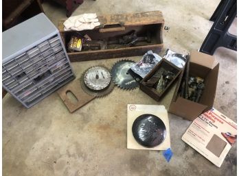 Circa 1920s-1980s Large Tool Lot With Hand Made Tool Box And Tools - Circular Saw Blades -Monkey Wrench & More