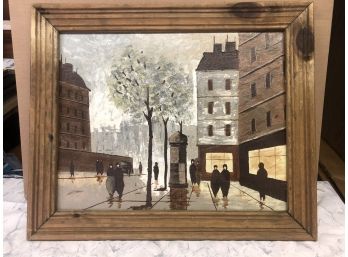 Circa 1950s Oil On Canvas Non Signed 16x22 Downtown Shoppers 1890s-1930s Painting Framed Wood