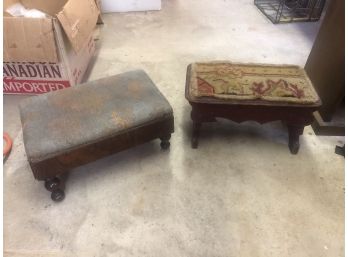 Vintage 1900s-1920s Pair Of Small Foot Stools Solid Wood With Fabric Tops Approx 14' L X 10' H
