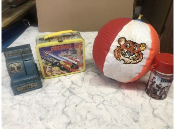 Mixed Lot 1950s UP-PARTRIDGE FAMILY THERMOS - ESSO TIGER BEACH BALL - UNCLE SAM 3 COIN BANK - METAL LUNCHBOX