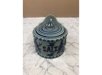 Vintage 1930s-1950s Ironstone Pottery SALT Crock Box Ceramic Blue Bird Wall Hanging