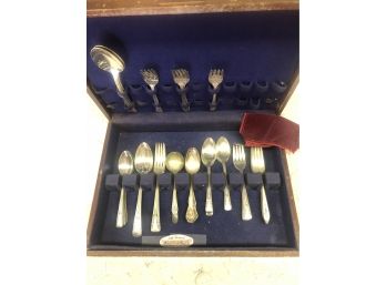 Vintage WALLACE & Other 46 Piece Flatware  Forks, Spoons In Wood Flatware Box