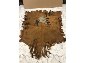 Vintage 1900s-1940s Niagara Falls Canada Majestic Indian Chief Hand Painted On Leather Canvas Approx 30'x24'