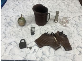 Misc Vintage Lot WOOD MUG Makers Mark - LOCK & KEY - WOODEN HAND MADE SPINNING TOP- MILITARY MEDAL  And More