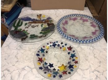 Lot Of Peggy Karr Extra Large 20” Fused Art Glass Serving Platters - Native American - Stars - Fish