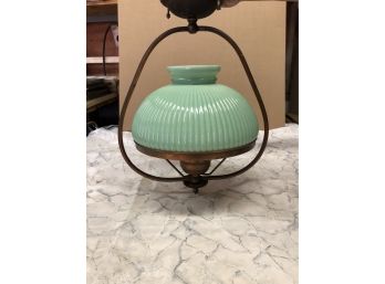 Vintage MCM Hanging Light With Green Depression Era Type Glass Globe In Working Condition