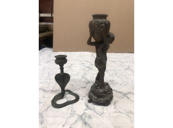 Lot Of 2 Sculptures 1 SIGNED SCULPTURE ART NOUVEAU 'WINGED FAIRY WATER JUG' AUGUST MOREAU & COBRA CANDLE HLDR