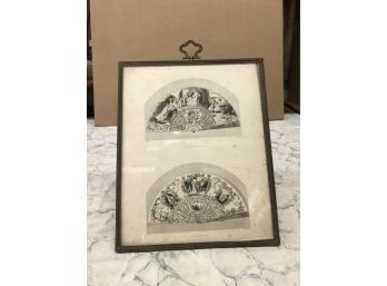Depiction Of Two Royal French Hand Fans Vintage 1880s - 1900s Framed 9'x12'