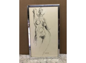 Vintage Professionally Framed Nude Pencil Etching Signed Approx 22' Tall Circa 1950s-1970s