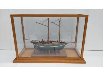Hand Crafted Antique Ship Model Signed By HW Blodgett Under Glass