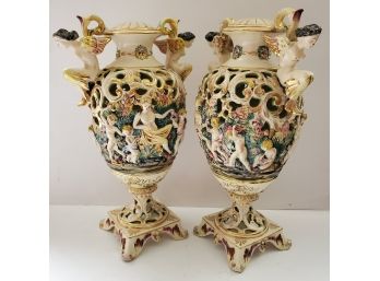 Beautiful Vintage Capodimonte Dual Handle Urns Or Lamp Bases