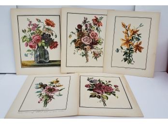 Beautiful Antique Floral Color Etchings By Avril L' Aine Sculp