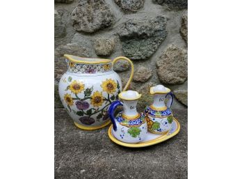 Vintage! Vintage FFA Marques Portugal Art Pottery Pitcher With Handpainted Oil & Vinegar Set