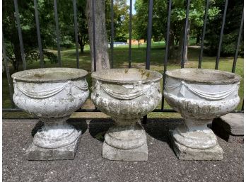 Set Of (3) Matching Vintage Cement Garden Urns / Planters (fading White Paint)