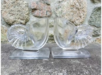 Nautilus Shell Vase Crystal Bookends (Possibly New Martinsville Glass Co. 1940)
