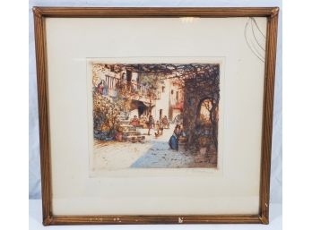 Antique Framed & Matted, Signed & Numbered Colored Lithography By V. Trowbridge Titled Courtyard Of Seville