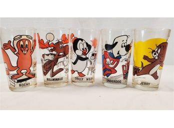 Five Vintage Early 1970s Pepsi Collector Series Collectible Glasses-Under Dog, Bullwinkle Moose & More