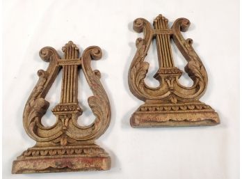 Vintage Wood Toned Syroco Lyre Shaped Bookend Tops Only - No Base Included