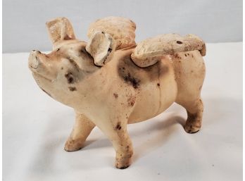 Adorable Vintage Cast Iron Painted Flying Pig Coin Bank “When Pigs Fly”