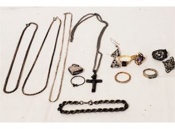 Assortment Of Sterling Silver & Gold Plated Ladies Jewelry, Chains, Rings, Bracelets