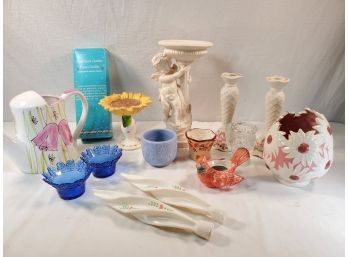 Pretty Decorative Assortemt Of Porcelain & Glass Planters, Candle Holders & More