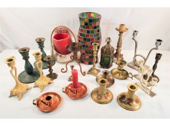 Large Assortment Of Candle Holders, Brass, Wood, Cloisonné, Stained Glass & More
