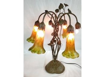 Stunning Vintage Art Deco Style Copper Table Lamp With Two Way Switch & Glass Tulip Shades