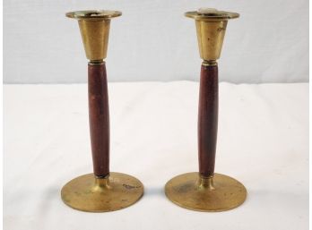 Awesome Pair Of Vintage Carl Aubock Austria Brass & Wood Candle Stick Holders