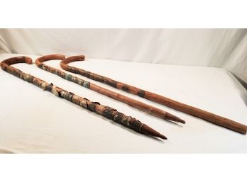 Three Wooden Canes/Walking Sticks With Metal Travel Emblems/badges - From Around  The World